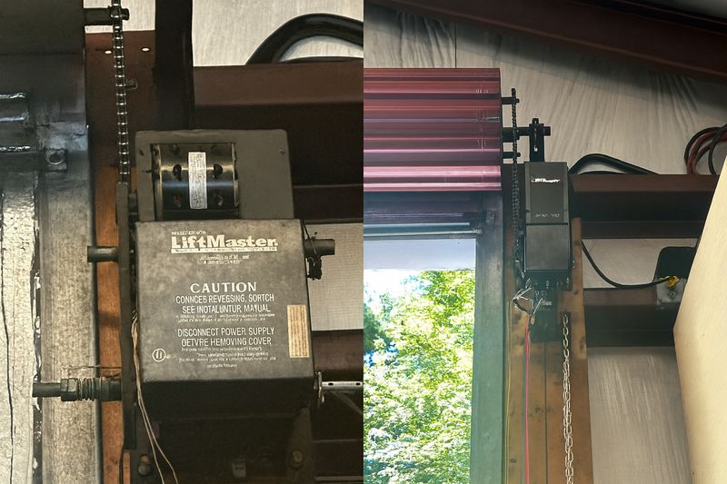 Before and after of LiftMaster opener replacement showing old and new units — MA